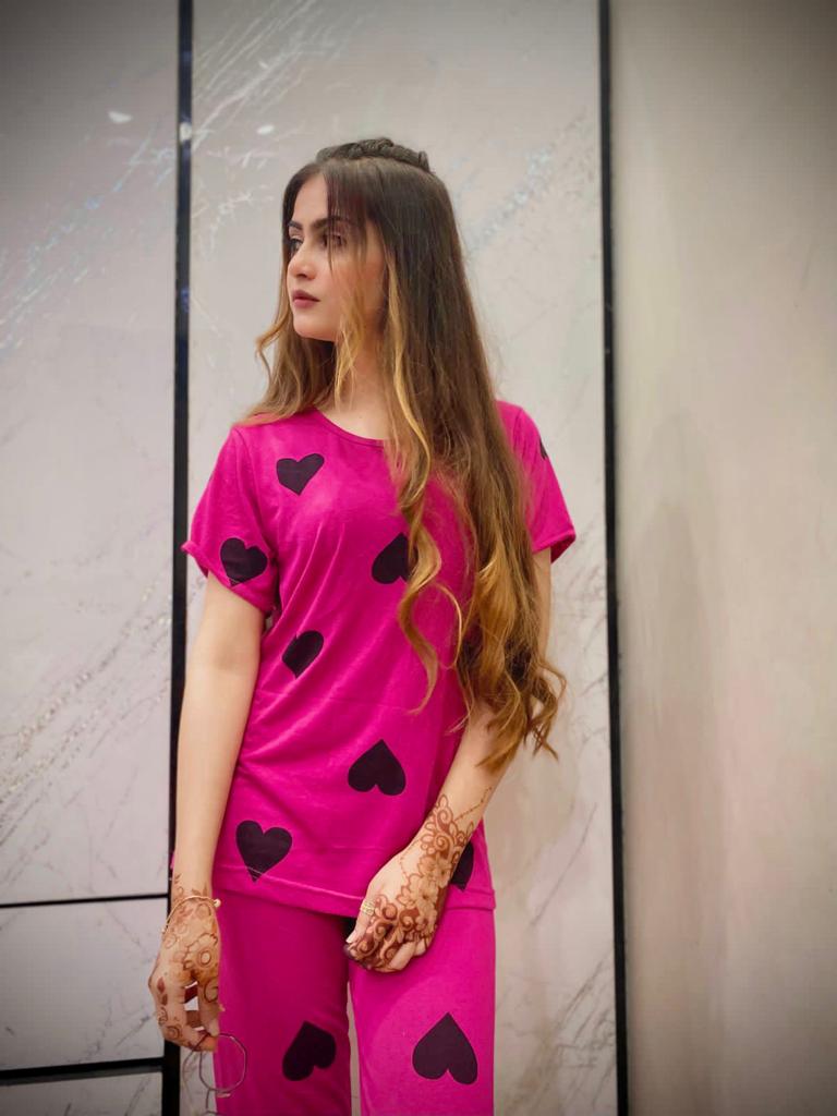 Black Multi Hearts Pink Printed Night Suit