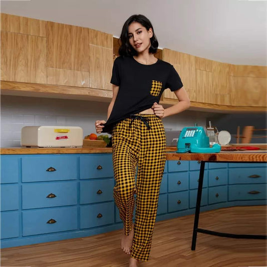 Yellow and Black Check Pokcet Printed Night Suit