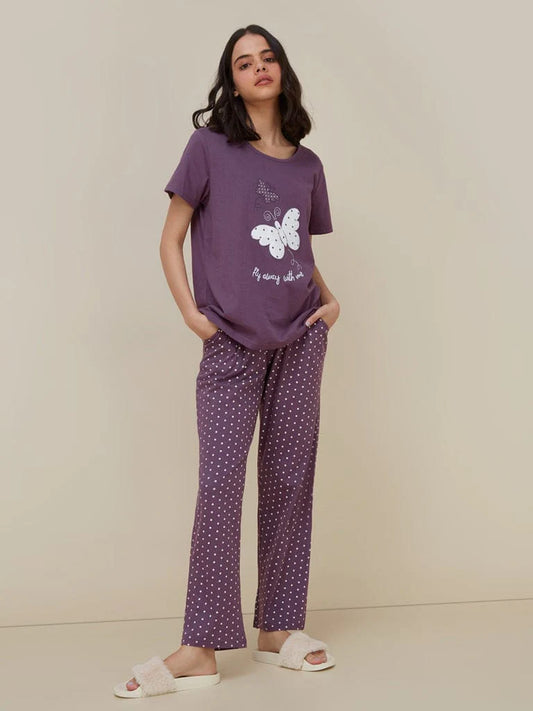 Purple Butterfly Printed Night Suit